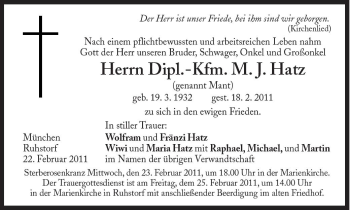 Traueranzeige von Dipl.-Kfm. M. J. Hatz von Süddeutsche Zeitung