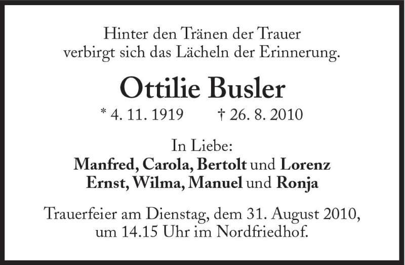  Traueranzeige für Ottilie Busler vom 30.08.2010 aus Süddeutsche Zeitung