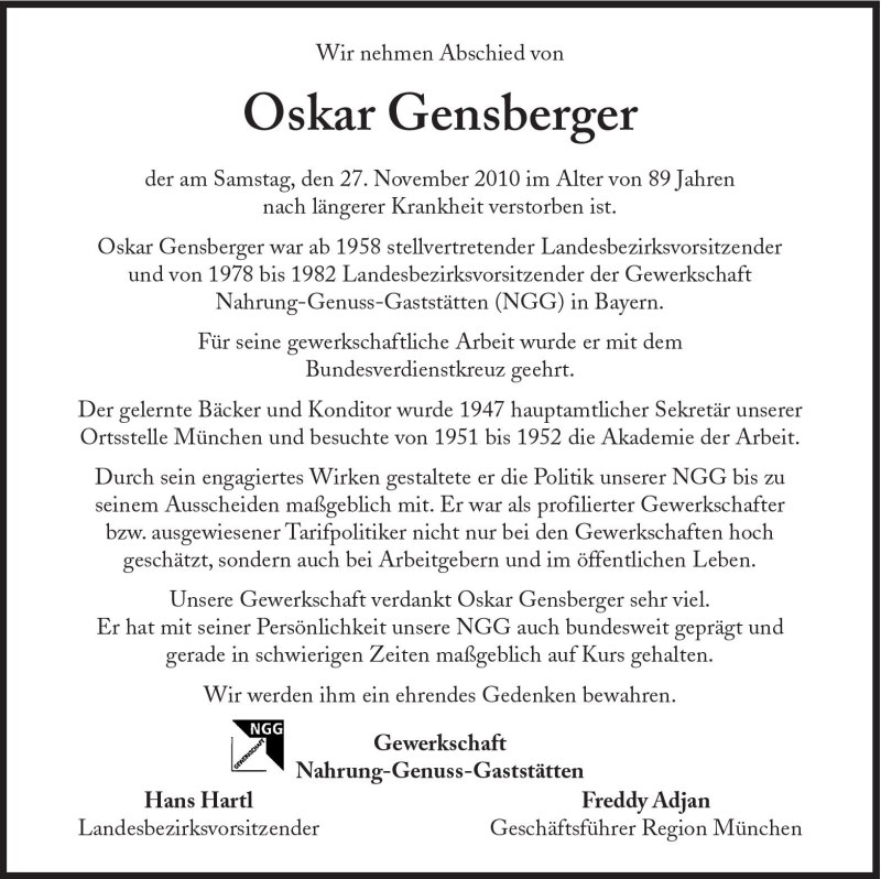  Traueranzeige für Oskar Gensberger vom 30.11.2010 aus Süddeutsche Zeitung