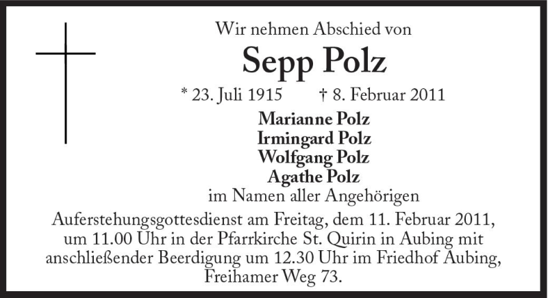  Traueranzeige für Sepp Polz vom 09.02.2011 aus Süddeutsche Zeitung