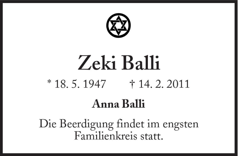  Traueranzeige für Zeki Balli vom 19.02.2011 aus Süddeutsche Zeitung
