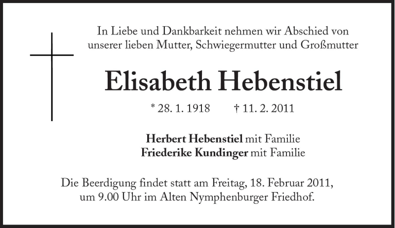  Traueranzeige für Elisabeth Hebenstiel vom 16.02.2011 aus Süddeutsche Zeitung