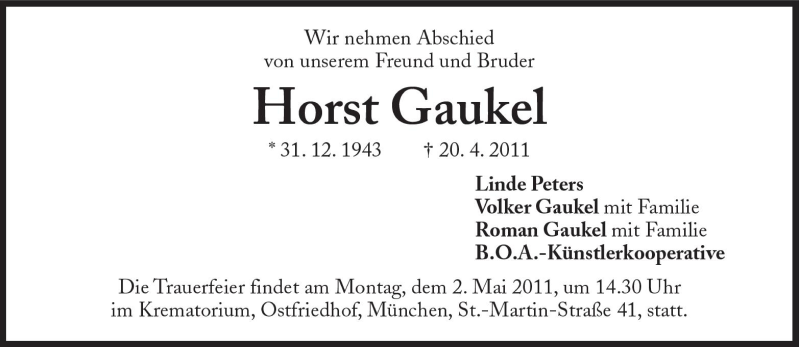  Traueranzeige für Horst Gaukel vom 27.04.2011 aus Süddeutsche Zeitung