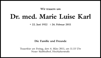 Traueranzeige von Marie Luise Karl von Süddeutsche Zeitung