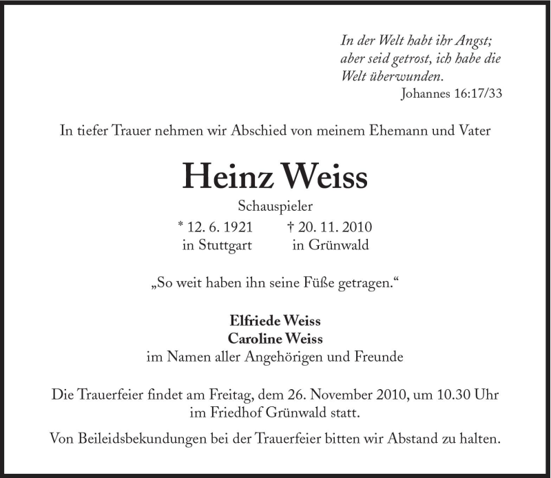  Traueranzeige für Heinz Weiss vom 24.11.2010 aus Süddeutsche Zeitung