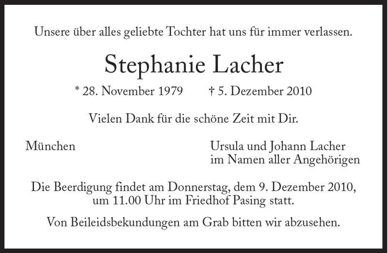  Traueranzeige für Stephanie Lacher vom 07.12.2010 aus Süddeutsche Zeitung