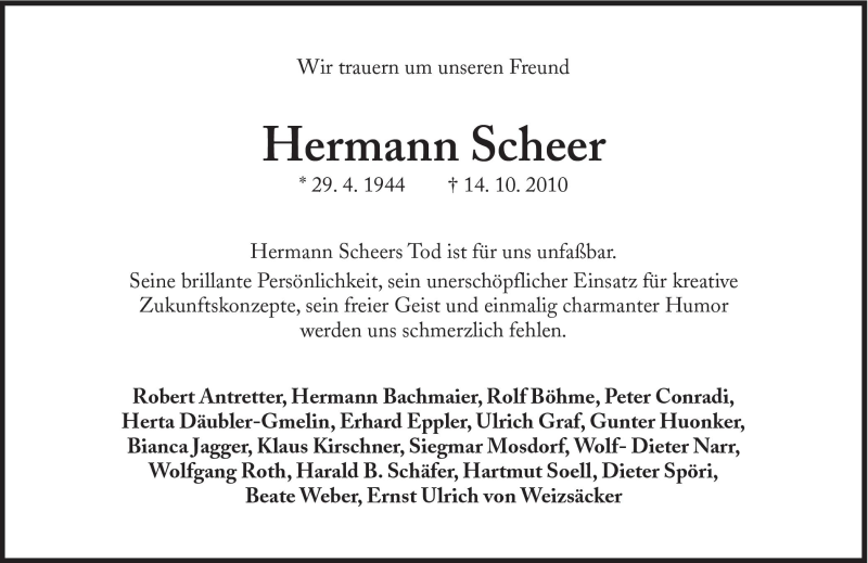  Traueranzeige für Hermann Scheer vom 18.10.2010 aus Süddeutsche Zeitung