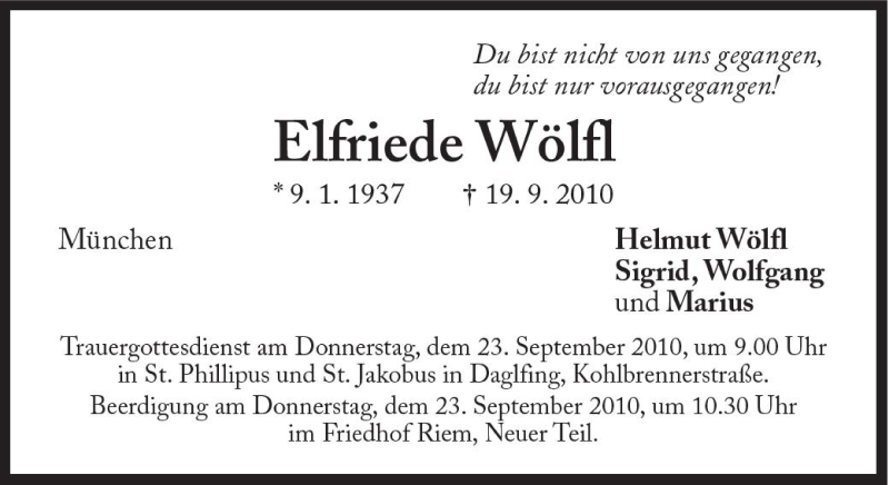  Traueranzeige für Elfriede Wölfl vom 22.09.2010 aus Süddeutsche Zeitung