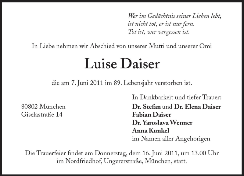  Traueranzeige für Luise Daiser vom 14.06.2011 aus Süddeutsche Zeitung