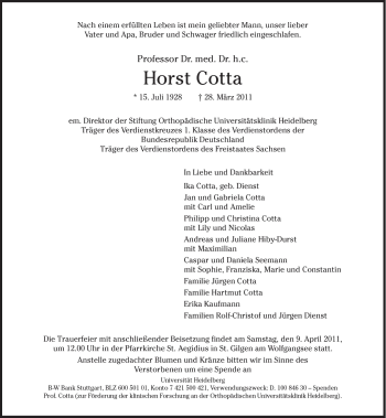 Traueranzeige von Horst Cotta von Süddeutsche Zeitung