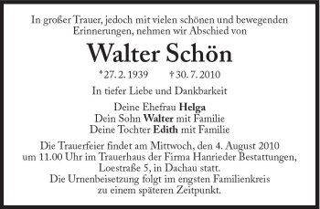 Traueranzeige von Walter Schön von Süddeutsche Zeitung