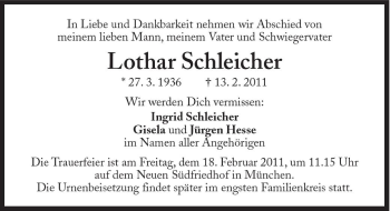 Traueranzeige von Lothar Schleicher von Süddeutsche Zeitung
