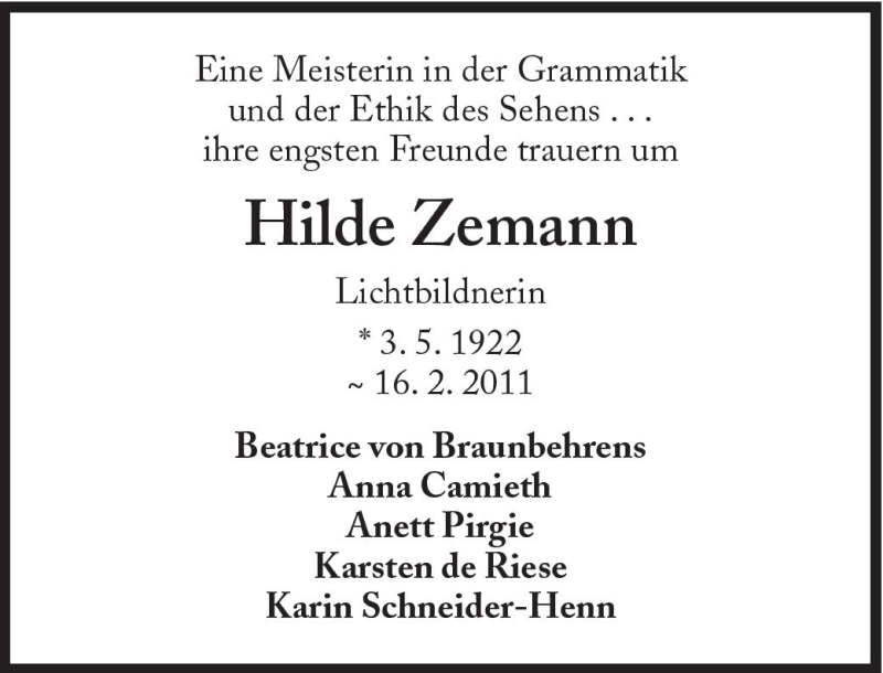  Traueranzeige für Hilde Zemann vom 19.02.2011 aus Süddeutsche Zeitung