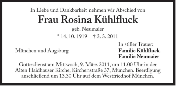 Traueranzeige von Rosina Kühlfluck von Süddeutsche Zeitung