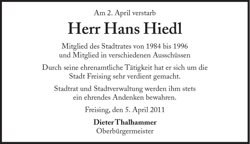  Traueranzeige für Hans Hiedl vom 06.04.2011 aus Süddeutsche Zeitung