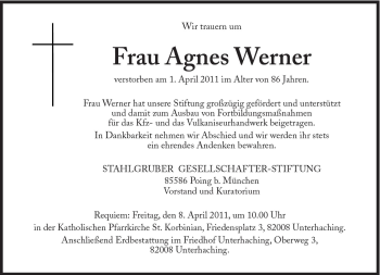 Traueranzeige von Werner Agnes von Süddeutsche Zeitung