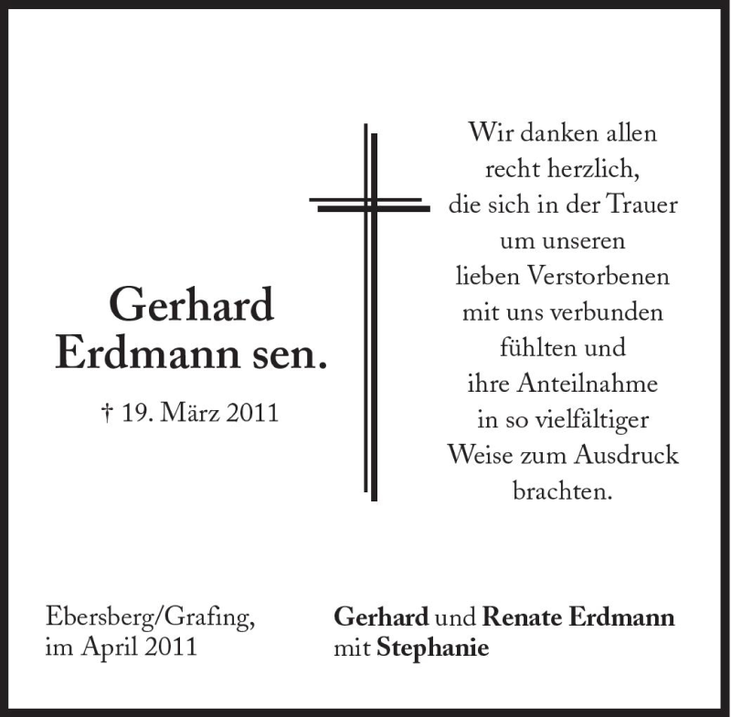  Traueranzeige für Gerhard Erdmann sen. vom 09.04.2011 aus Süddeutsche Zeitung