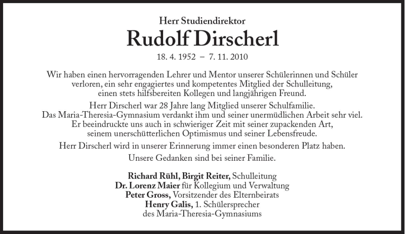  Traueranzeige für Rudolf Dirscherl vom 10.11.2010 aus Süddeutsche Zeitung
