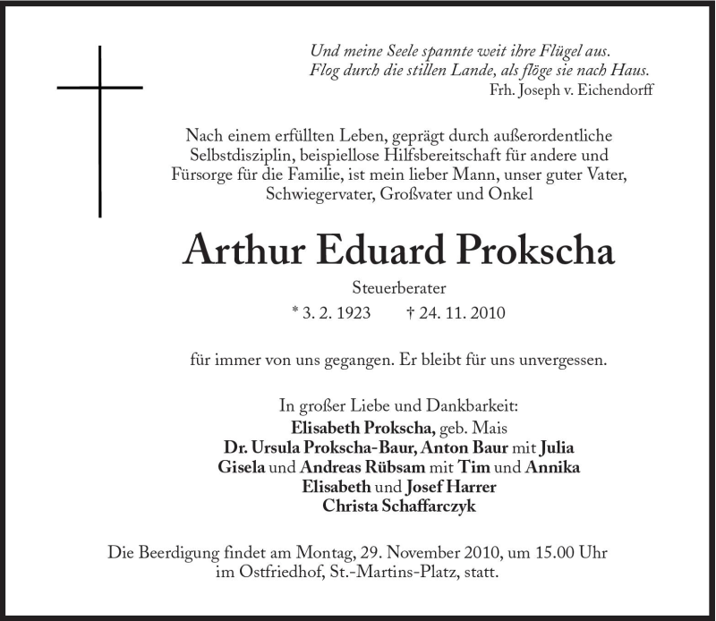  Traueranzeige für Arthur Eduard Prokscha vom 27.11.2010 aus Süddeutsche Zeitung