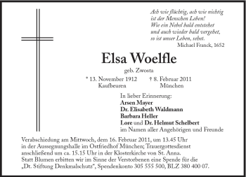 Traueranzeige von Elsa Woelfle von Süddeutsche Zeitung