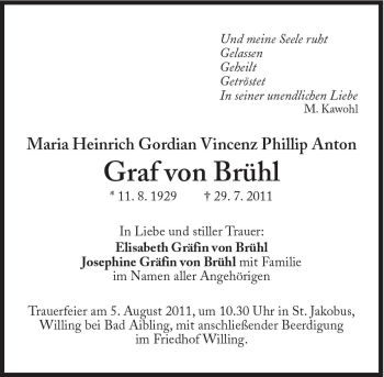 Traueranzeige von Maria Heinrich Gordian Vincenz Phillip Anton Graf von Brühl von Süddeutsche Zeitung