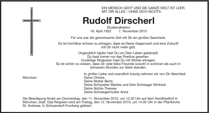  Traueranzeige für Rudolf Dirscherl vom 09.11.2010 aus Süddeutsche Zeitung