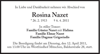 Traueranzeige von Rosina Nazet von Süddeutsche Zeitung