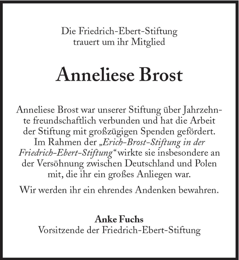  Traueranzeige für Anneliese Brost vom 17.09.2010 aus Süddeutsche Zeitung