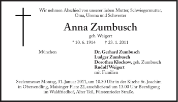Traueranzeige von Anna Zumbusch von Süddeutsche Zeitung