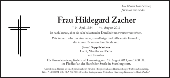 Traueranzeige von Hildegard Zacher von Süddeutsche Zeitung