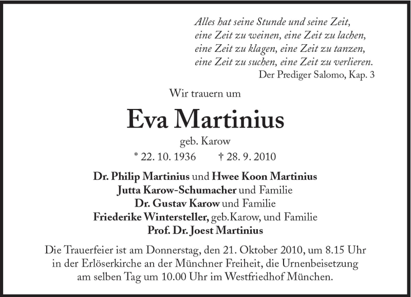  Traueranzeige für Eva Martinius vom 09.10.2010 aus Süddeutsche Zeitung
