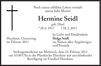 Traueranzeige von Hermine Seidl von Süddeutsche Zeitung