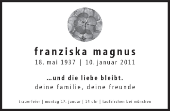 Traueranzeige von Franziska Magnus von Süddeutsche Zeitung