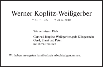 Traueranzeige von Werner Koplitz-Weißgerber von Süddeutsche Zeitung