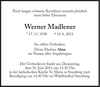 Traueranzeige von Werner Madlener von Süddeutsche Zeitung