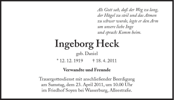 Traueranzeige von Ingeborg Heck von Süddeutsche Zeitung