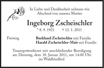 Traueranzeige von Ingeborg Zscheischler von Süddeutsche Zeitung