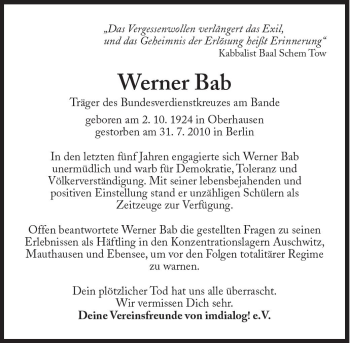 Traueranzeige von Werner Bab von Süddeutsche Zeitung