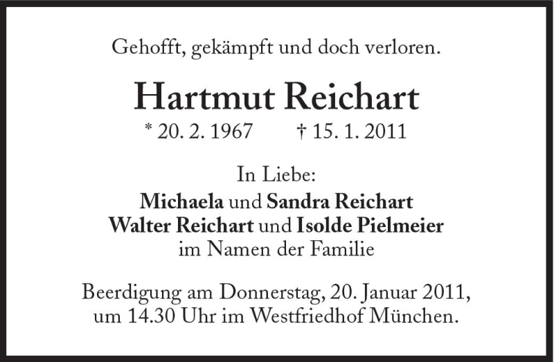  Traueranzeige für Hartmut Reichart vom 18.01.2011 aus Süddeutsche Zeitung