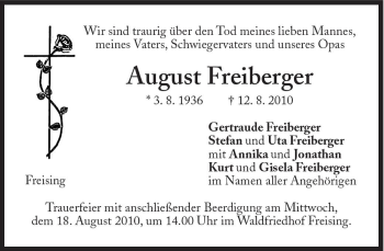 Traueranzeige von August Freiberger von Süddeutsche Zeitung