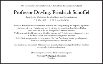 Traueranzeige von Friedrich Schöffel von Süddeutsche Zeitung