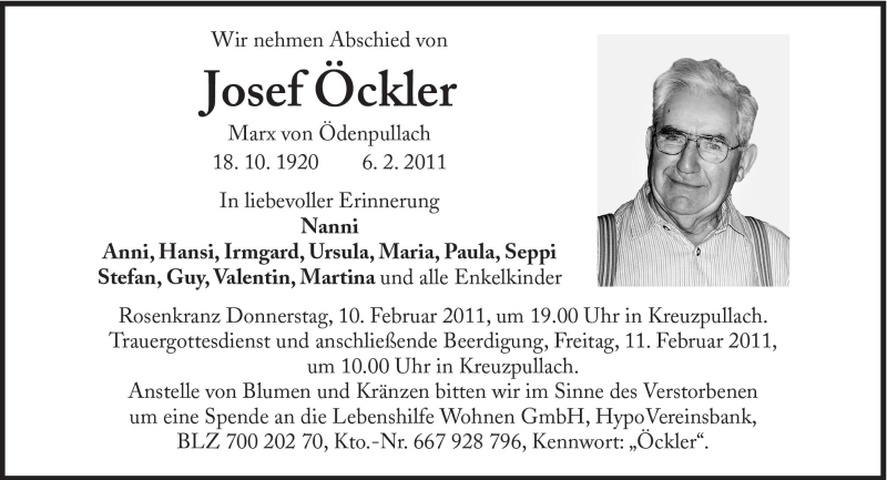  Traueranzeige für Josef Öckler vom 09.02.2011 aus Süddeutsche Zeitung