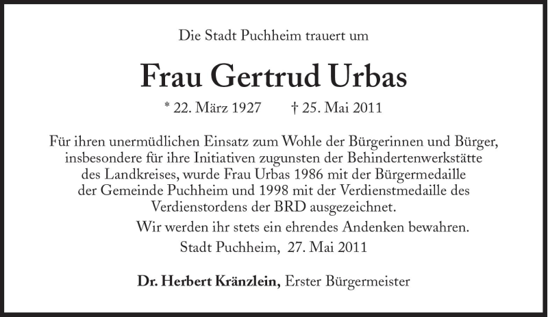  Traueranzeige für Gertrud Urbas vom 30.05.2011 aus Süddeutsche Zeitung