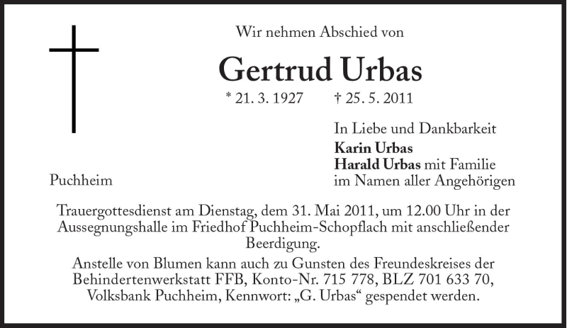  Traueranzeige für Gertrud Urbas vom 28.05.2011 aus Süddeutsche Zeitung