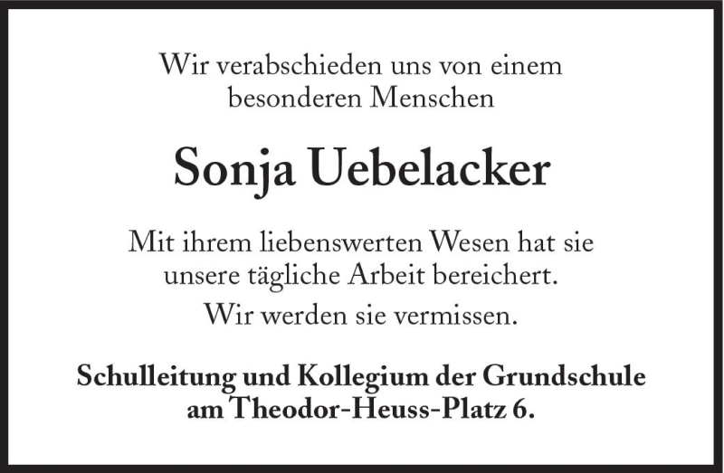  Traueranzeige für Sonja Uebelacker vom 11.02.2011 aus Süddeutsche Zeitung