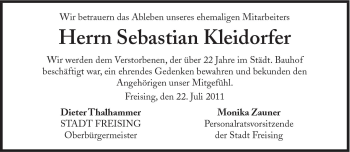 Traueranzeige von Sebastian Kleidorfer von Süddeutsche Zeitung