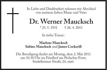 Traueranzeige von Werner Maucksch von Süddeutsche Zeitung