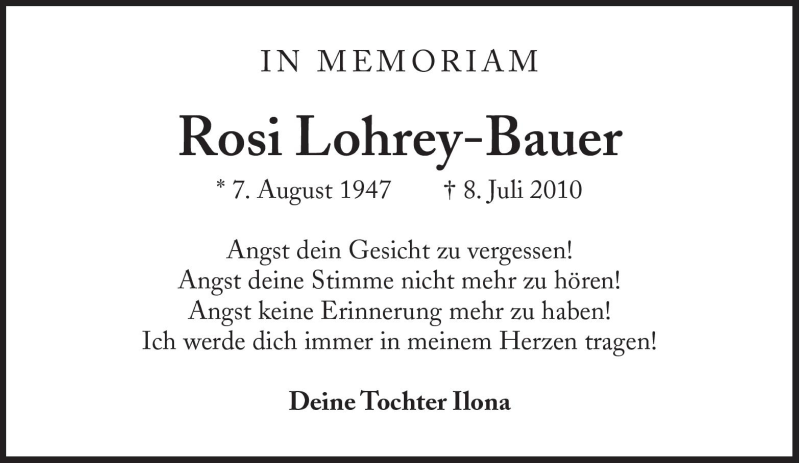  Traueranzeige für Rosi Lohrey-Bauer vom 08.07.2011 aus Süddeutsche Zeitung