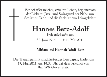 Traueranzeige von Hannes Betz-Adolf von Süddeutsche Zeitung