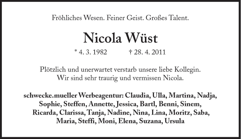  Traueranzeige für Nicola Wüst vom 30.04.2011 aus Süddeutsche Zeitung